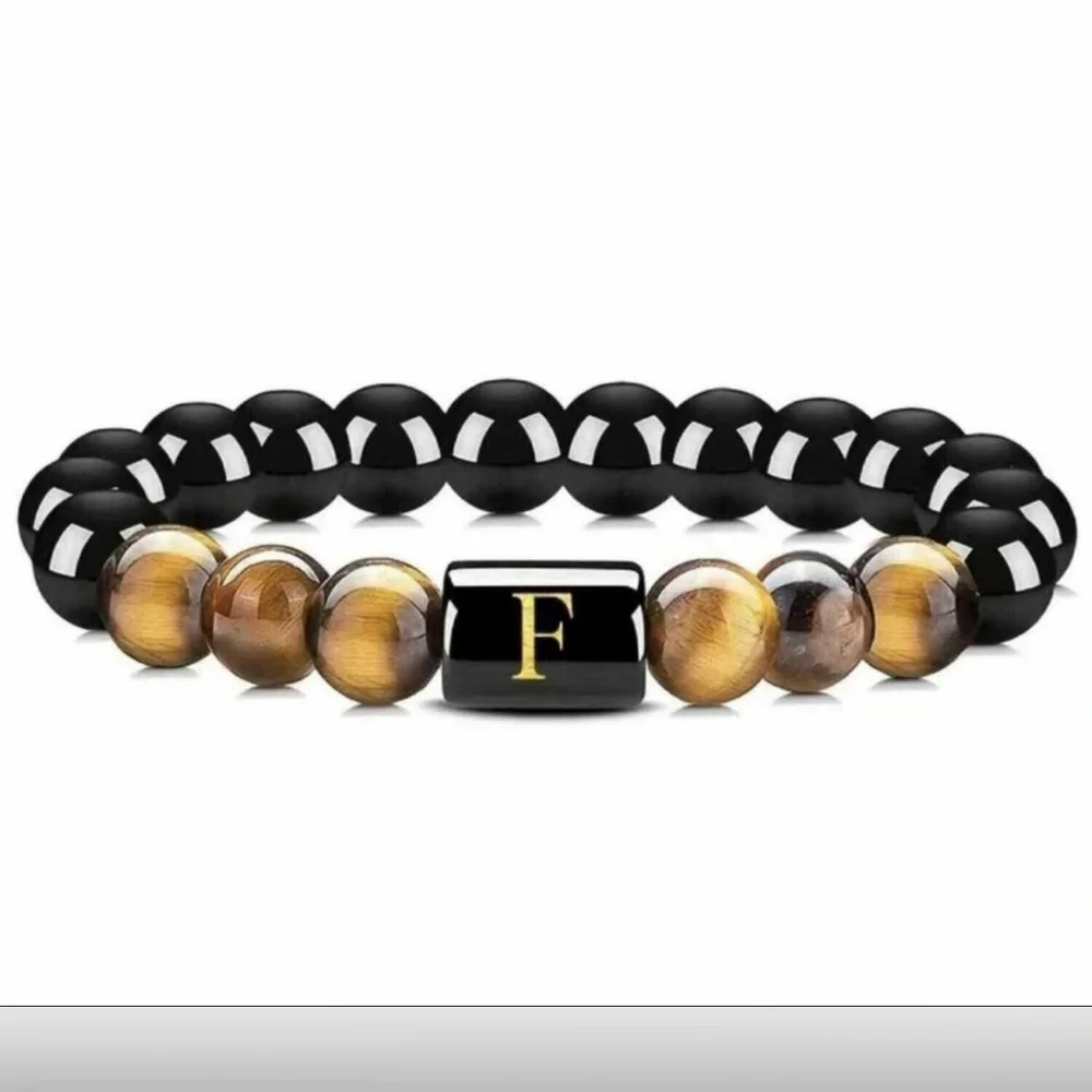 NWT initial “F” letter black agate and tiger eye stone beads‎ bracelet